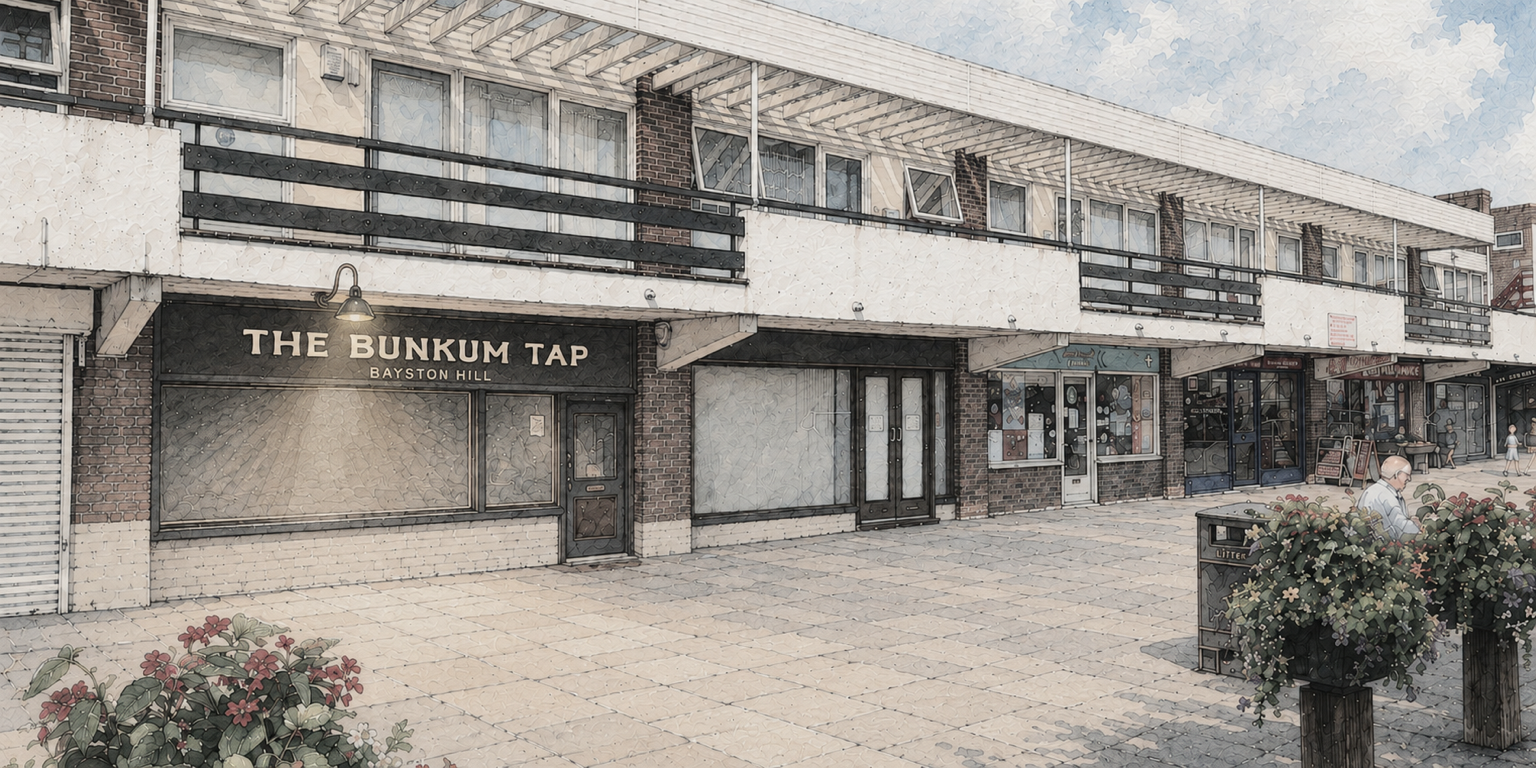 Illustrated shopfront of The Bunkum Tap in Bayston Hill