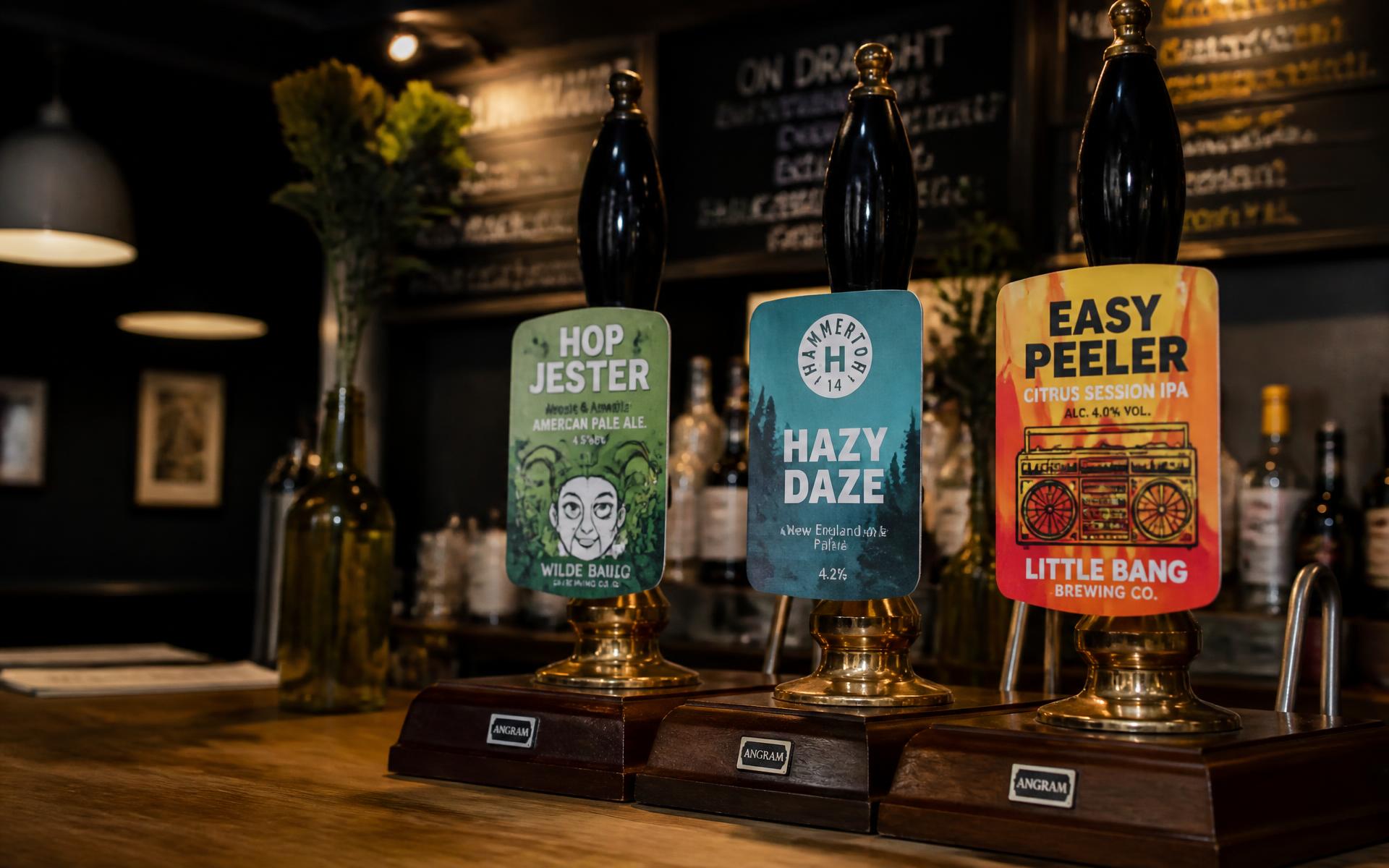 Close-up of cask ale hand pulls and guest ale pump clips on a wooden micropub bar
